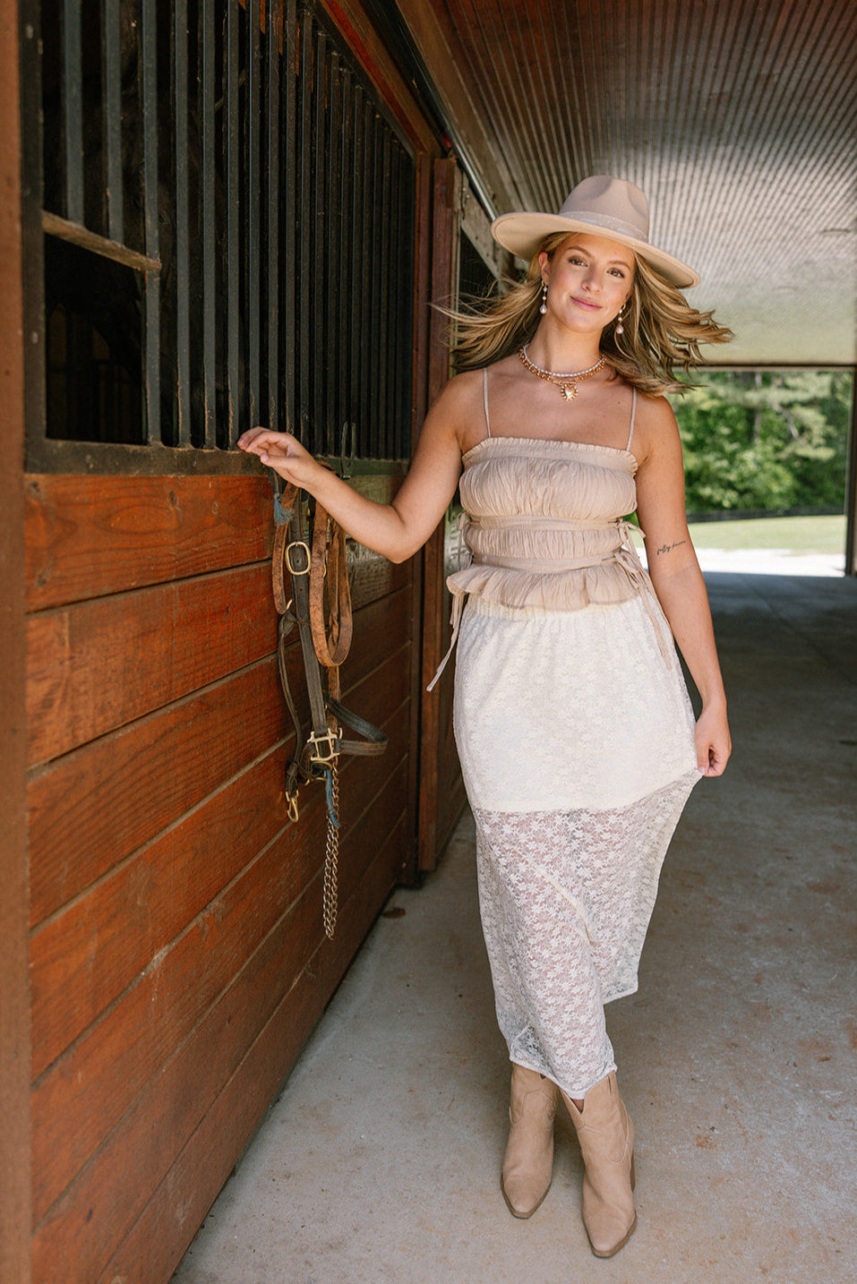 Ellie Cream Lace Midi Skirt - blonde model - full body front 