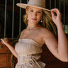 Angelina Taupe Side Tie Tank Top - blonde model - side view 