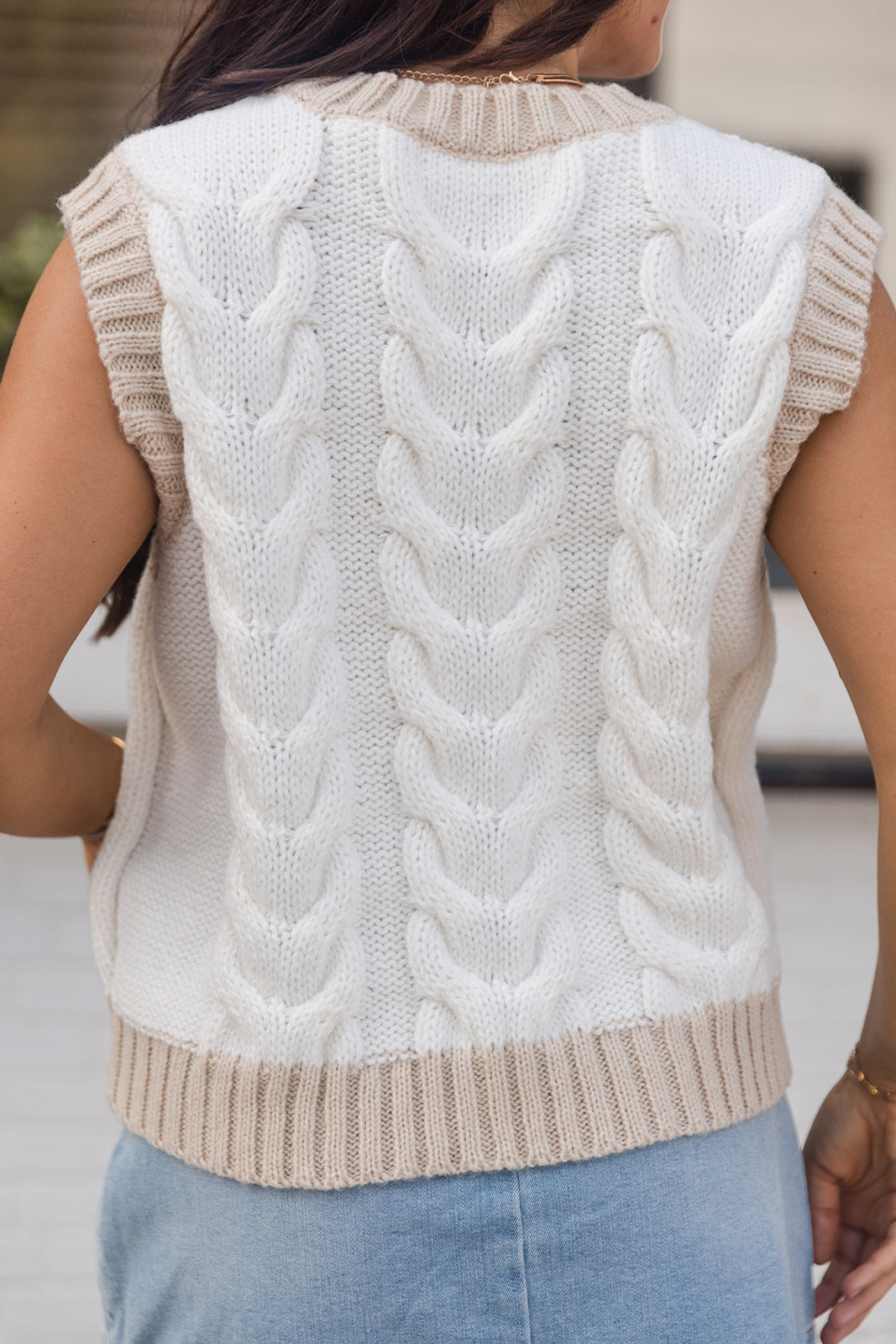 Sienna White & Taupe Tie Sleeveless Sweater- back view