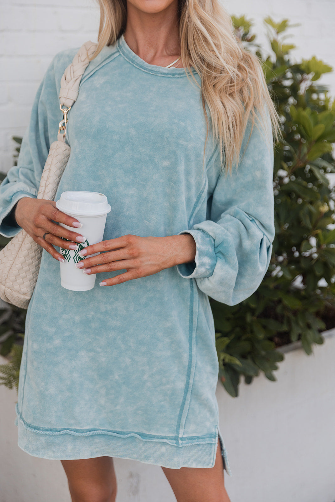 Lindy Washed Aqua Sweatshirt Dress- front view