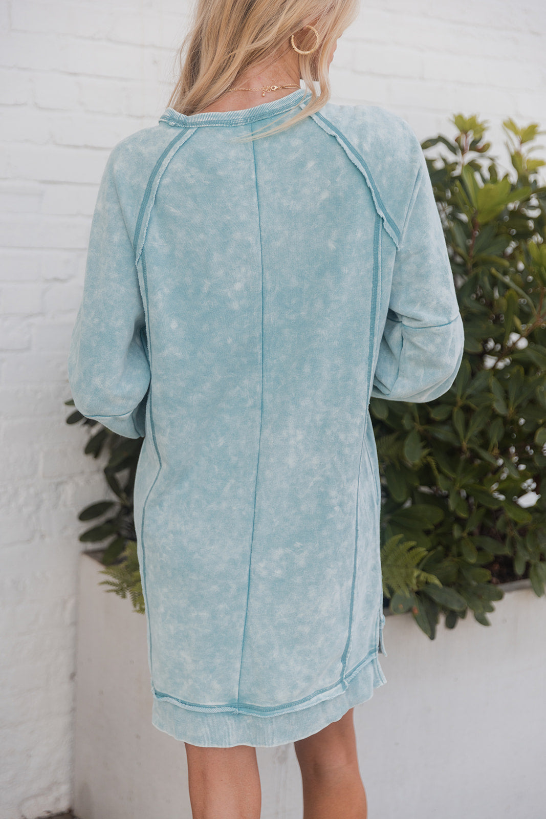 Lindy Washed Aqua Sweatshirt Dress- back view