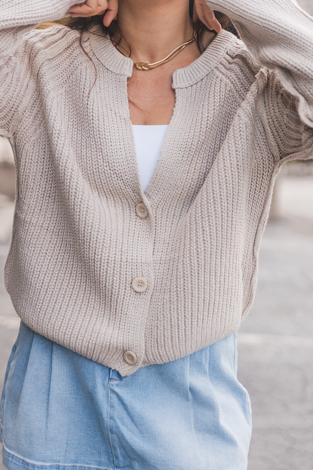 Charlotte Button-Up Knit Cardigan- oatmeal- top view