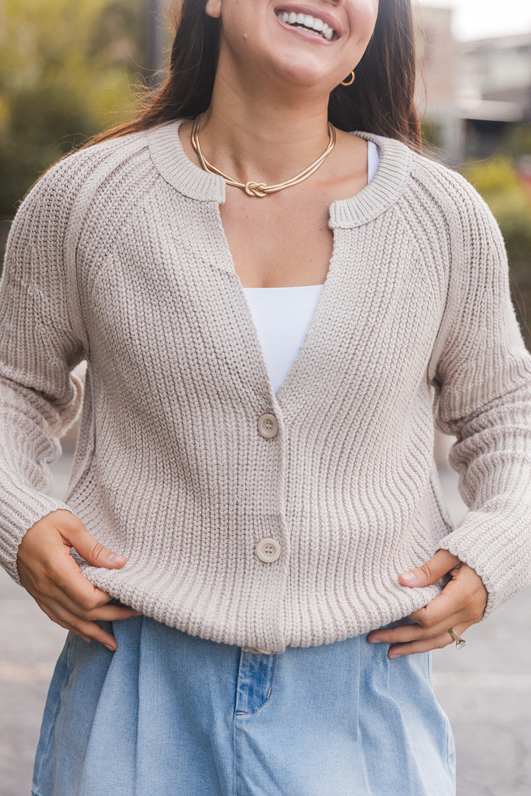 Charlotte Button-Up Knit Cardigan- oatmeal- close up view