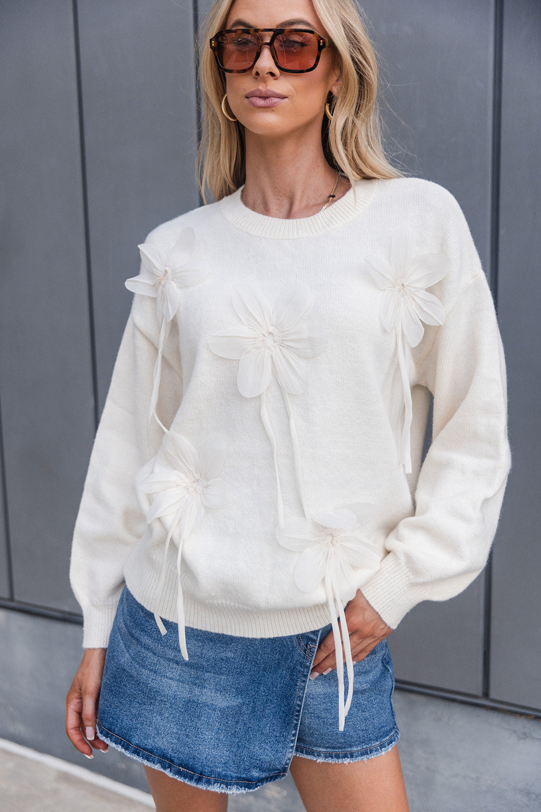 Alice White Floral Long Sleeve Sweater- top view