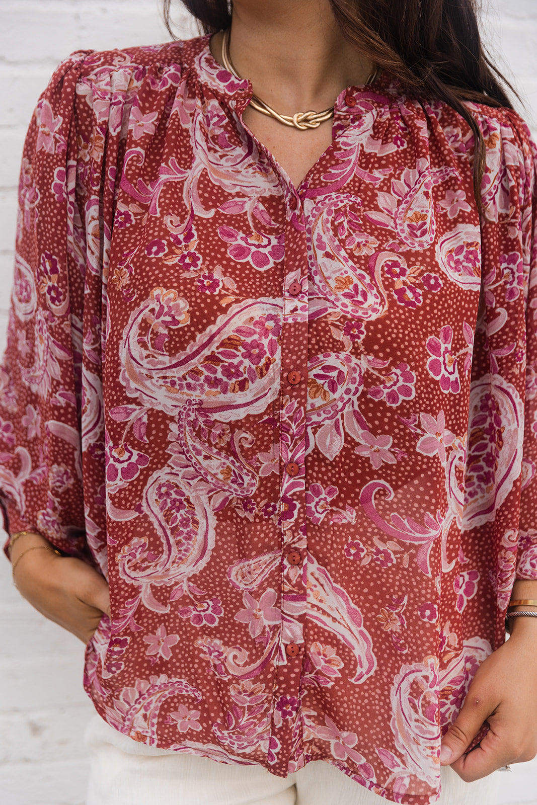 Olivia Rust & Pink Floral Paisley Top- close up view