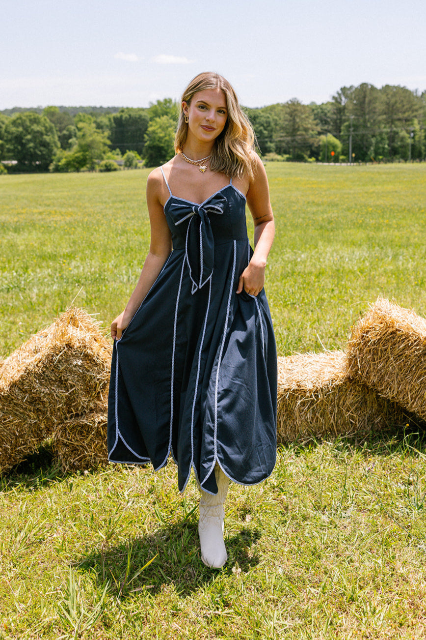 Dallas Navy Stripe Scallop Midi Dress- full body view