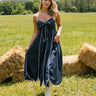 Dallas Navy Stripe Scallop Midi Dress- full body view