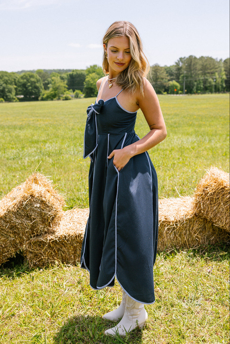 Dallas Navy Stripe Scallop Midi Dress- side view