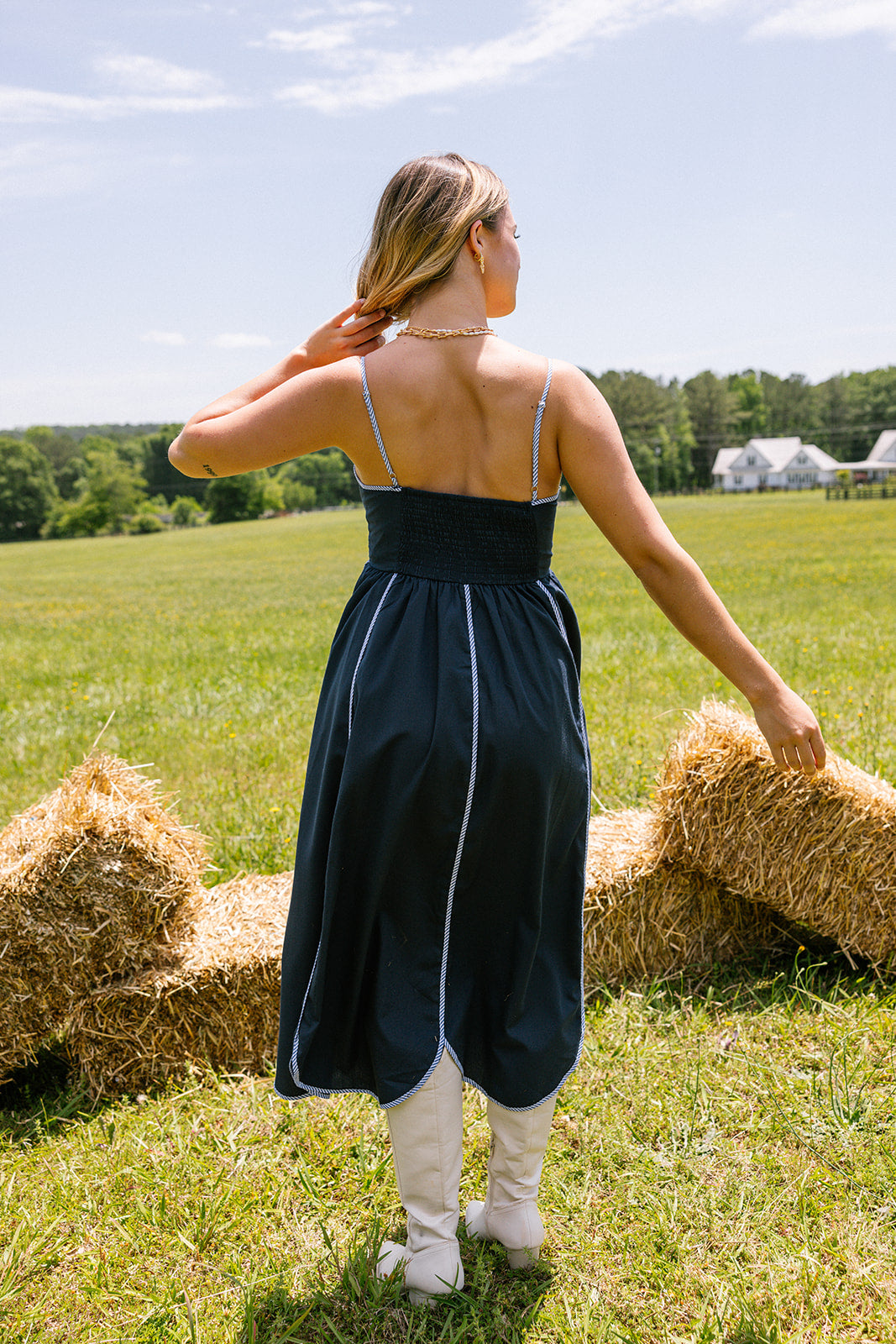 Dallas Navy Stripe Scallop Midi Dress- back view