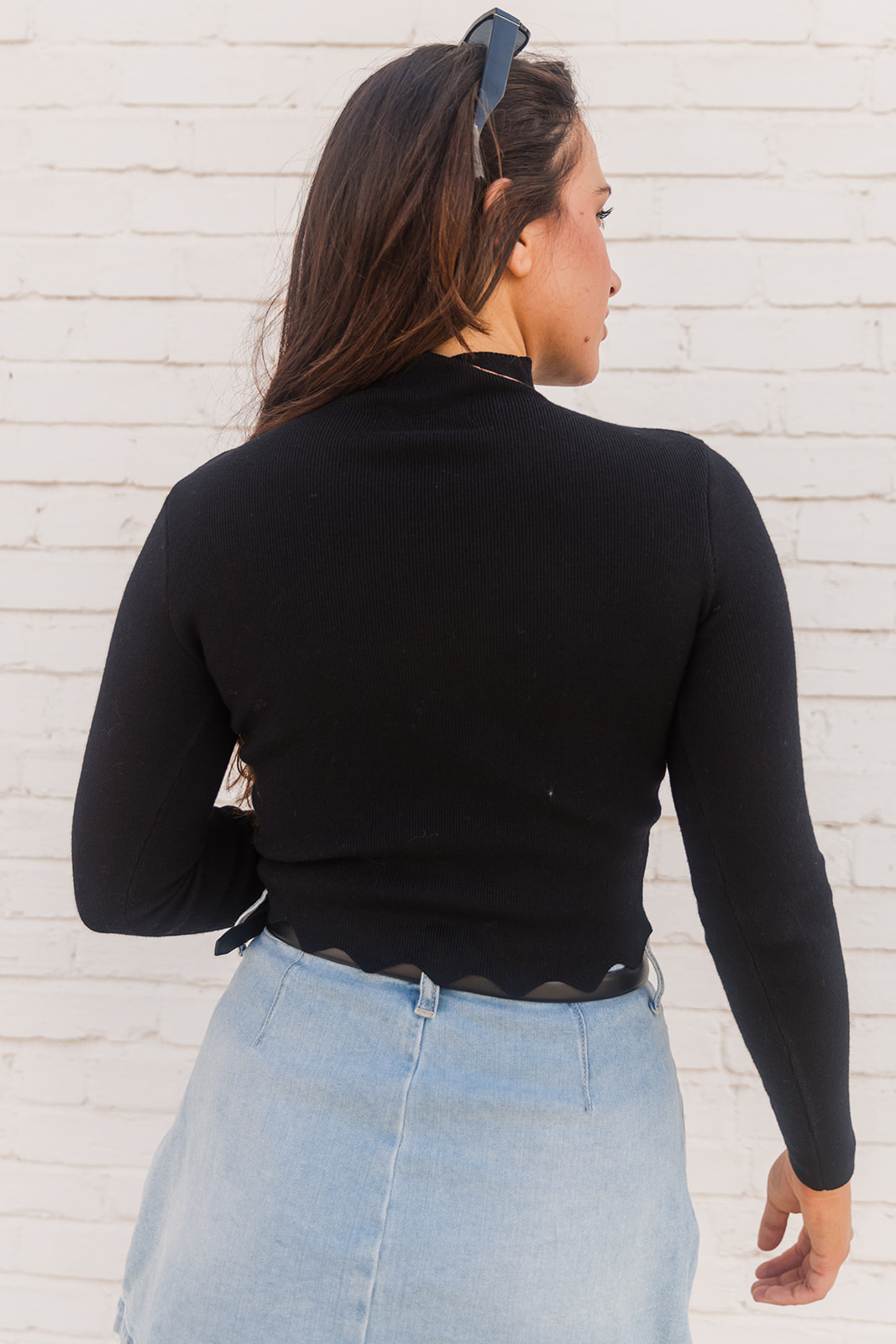 Stella Black Scallop Long Sleeve Top- back view