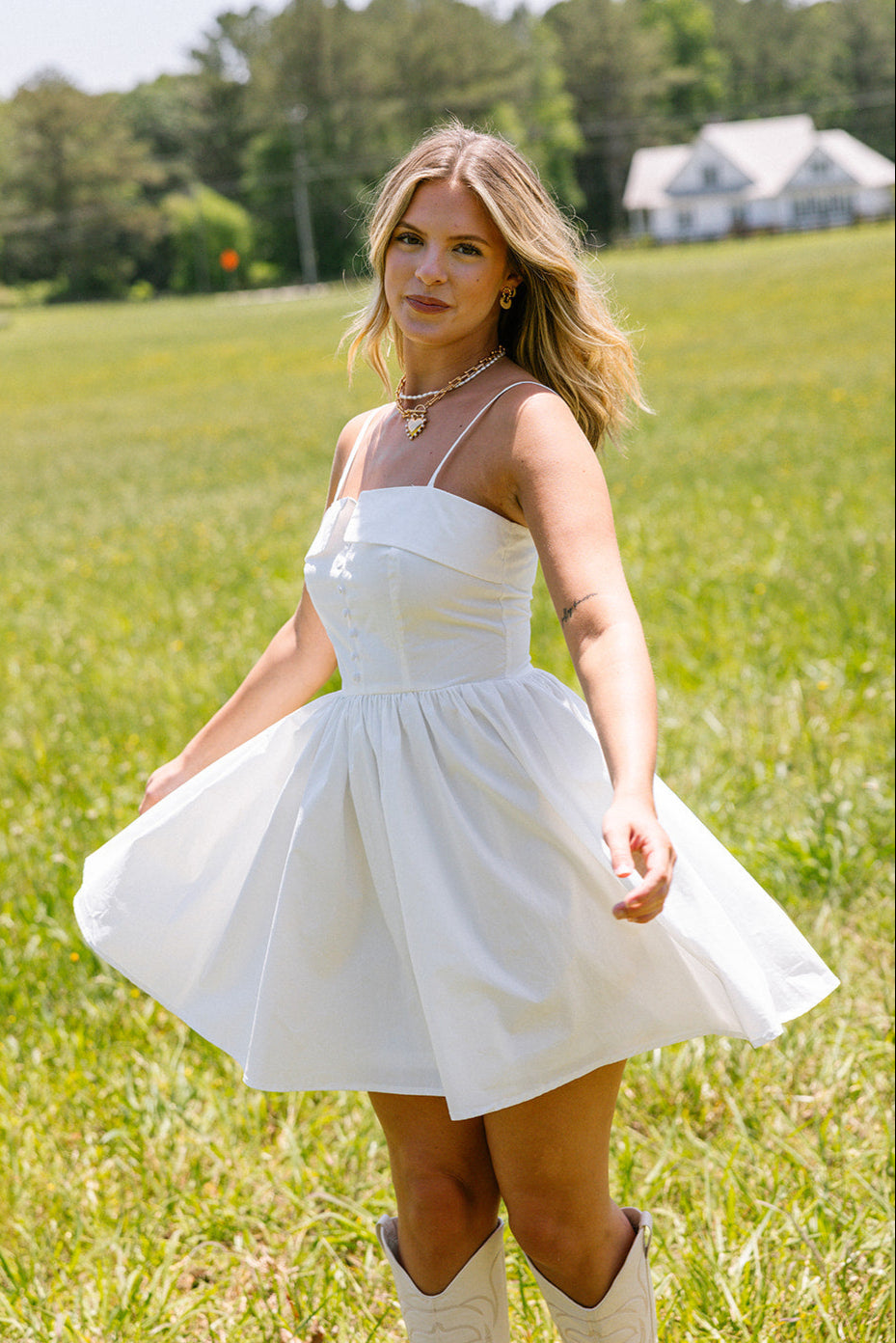 Janelle White Flare Mini Dress- front side view