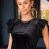 Victoria Black Velvet Ruffle Top- front side view