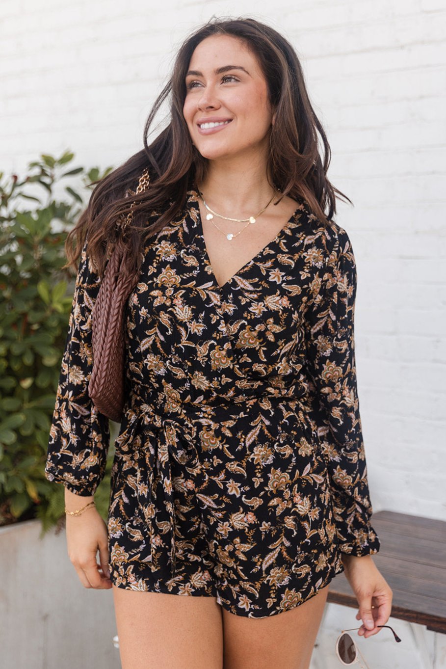 Athena Black & Brown Paisley Tie Romper- front view