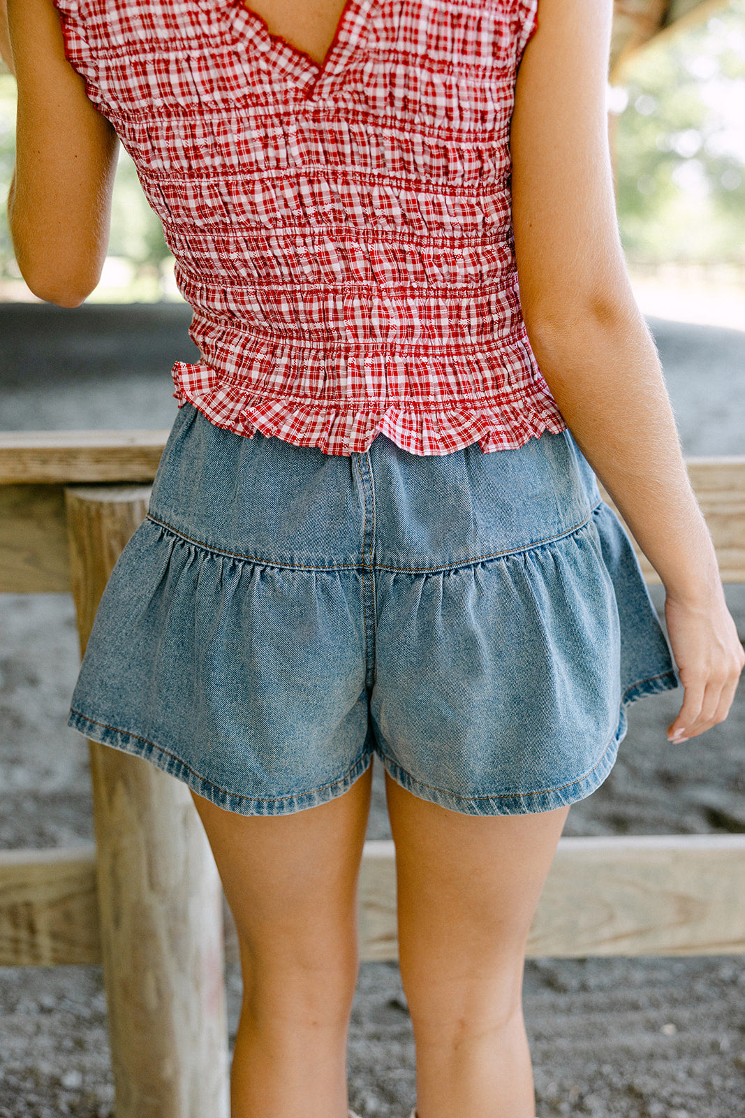 Evie Denim Tiered Flare Shorts- back view