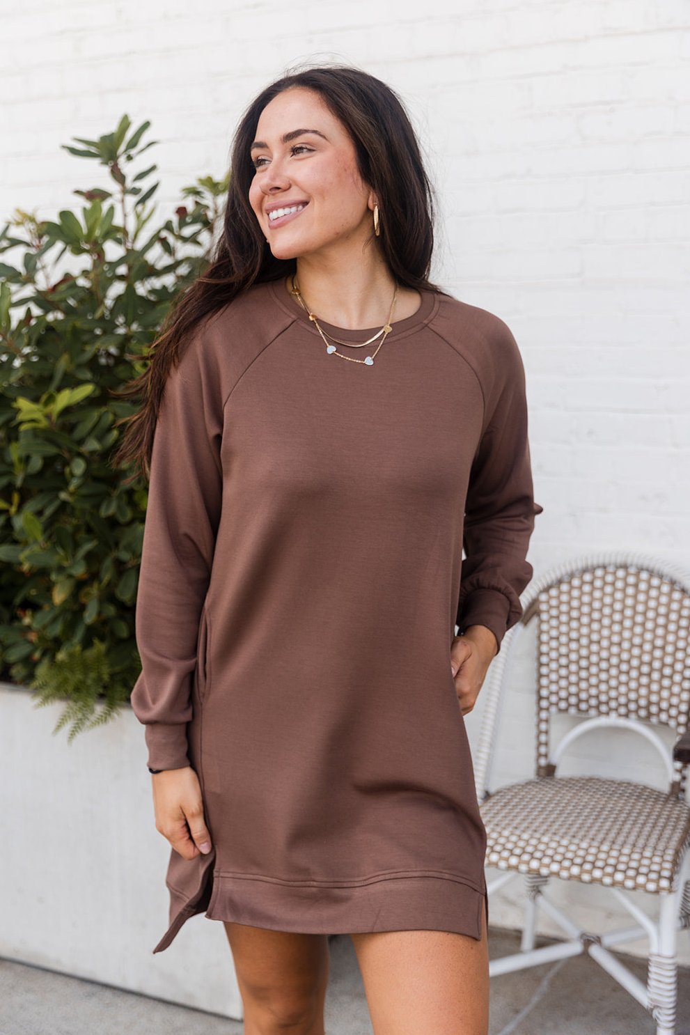 Reagan Brown Long Sleeve Dress- front close up view