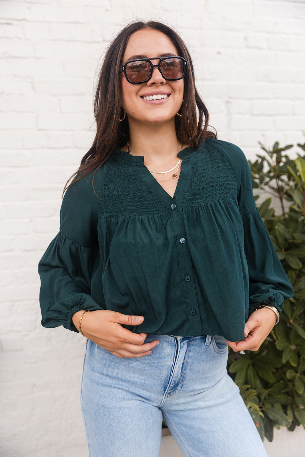 Amelia Hunter Green Smocked Long Sleeve Top- front view