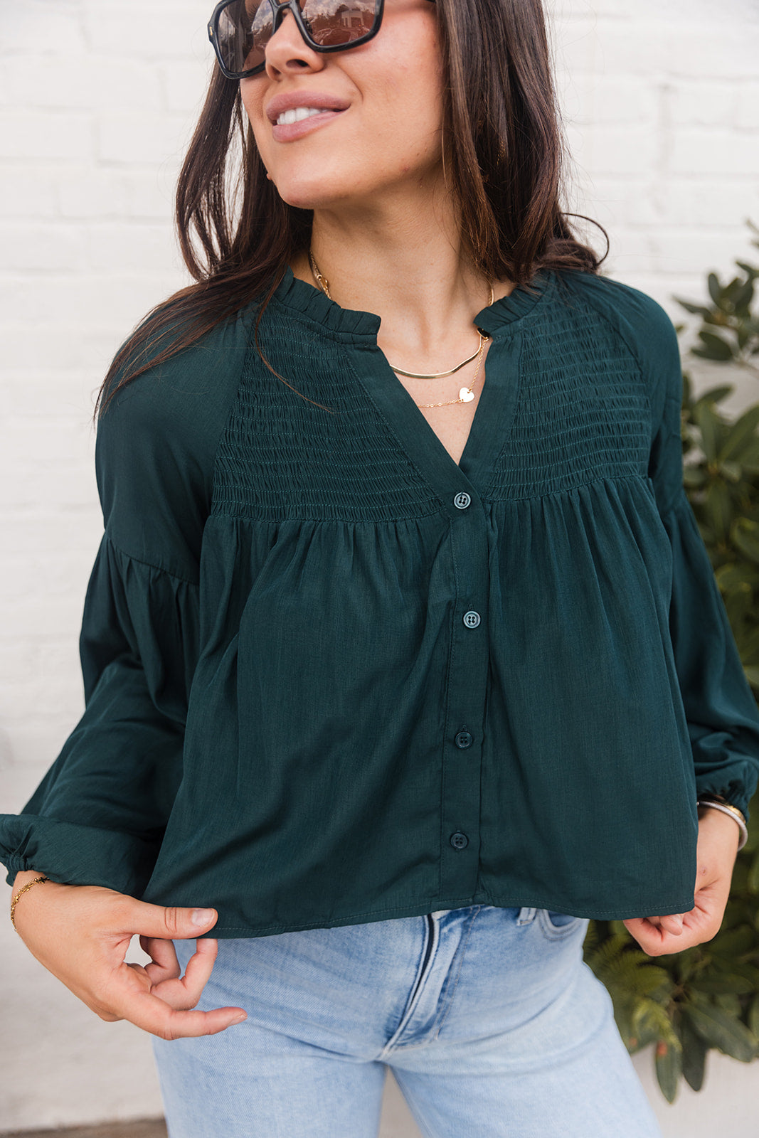 Amelia Hunter Green Smocked Long Sleeve Top- close up front view