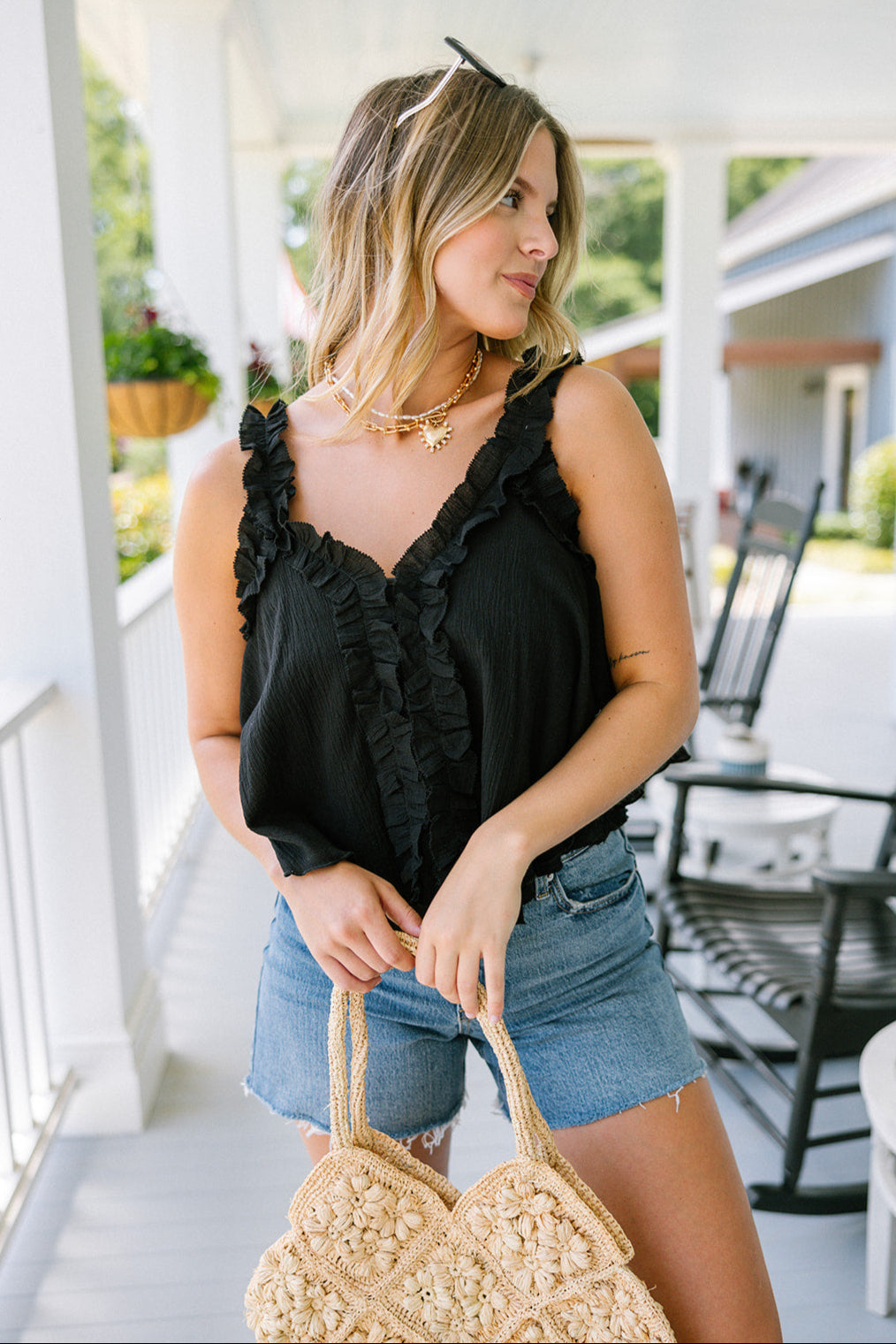 Willa Black Ruffle Sleeveless Tank- top view