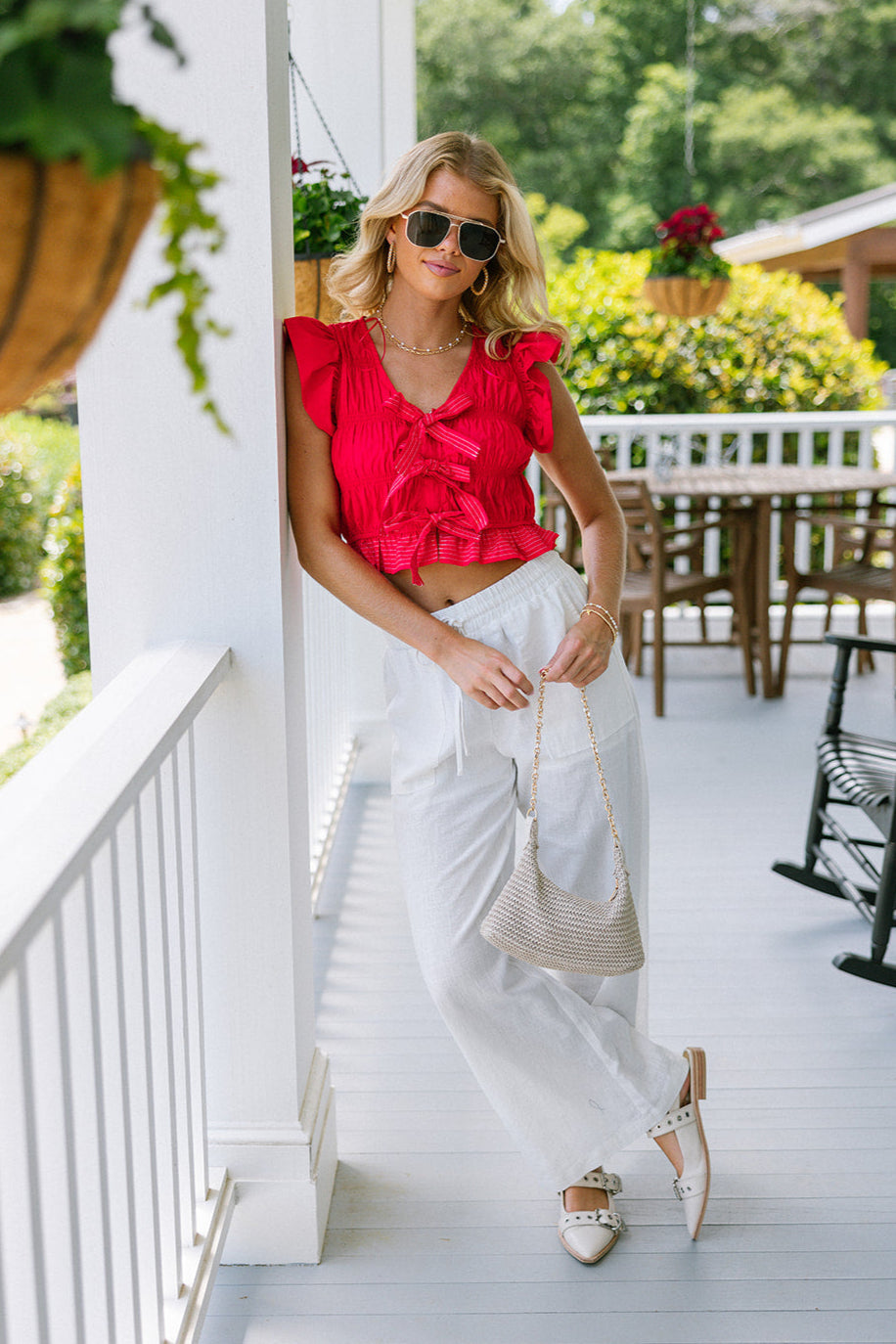 Helen Red Smocked Ruffle Bow Top- full body view