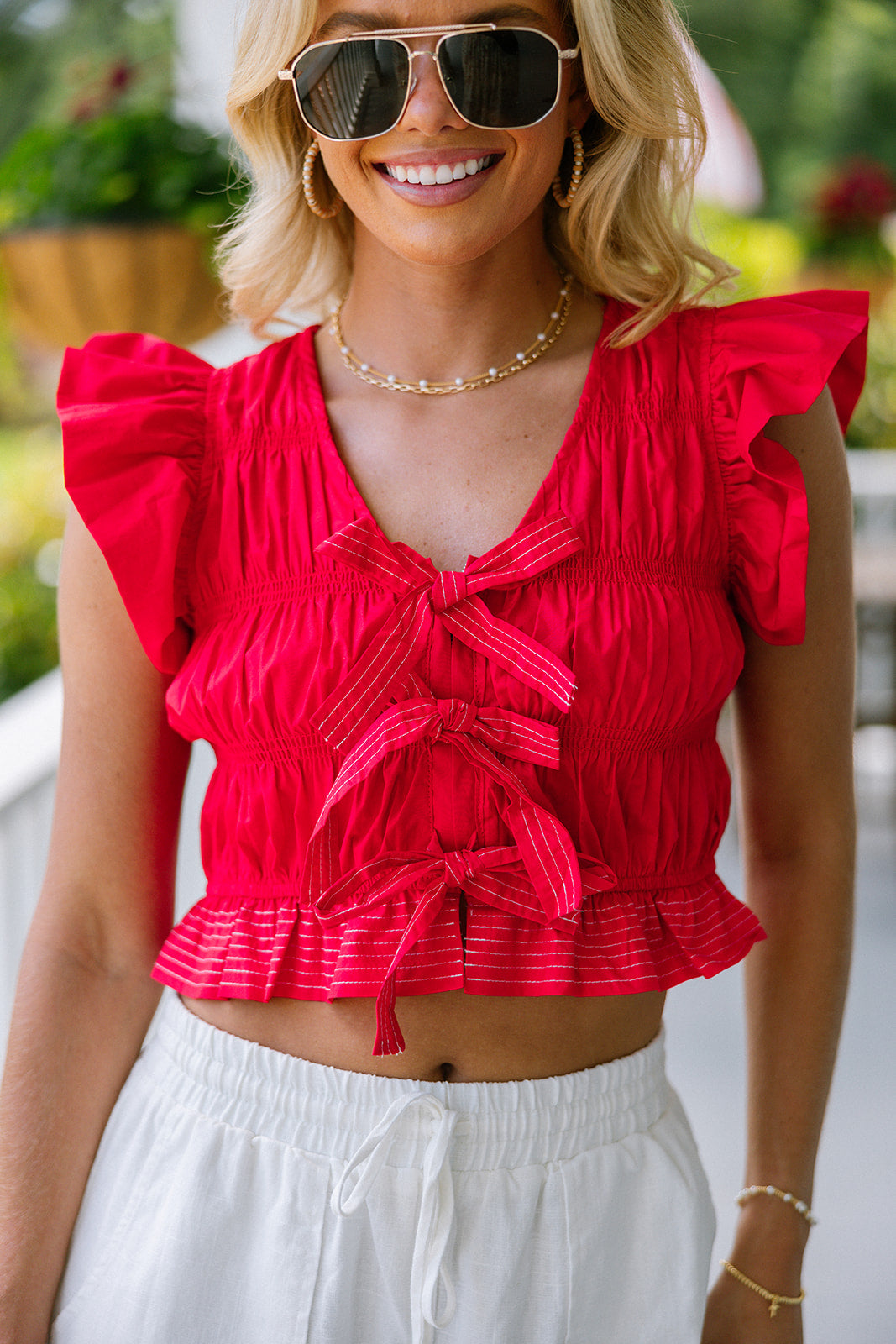 Helen Red Smocked Ruffle Bow Top- close up front view