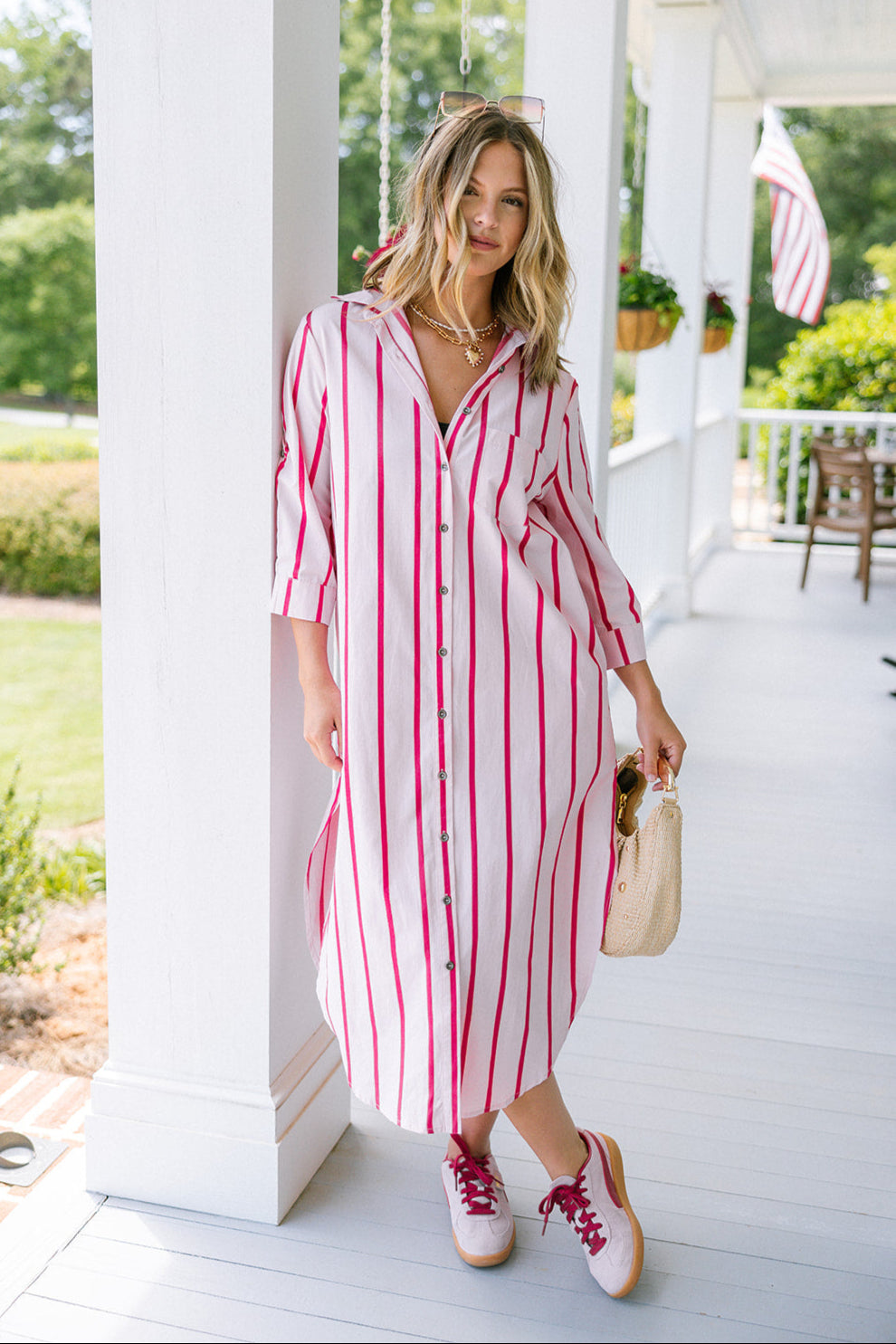 Colette Pink Multi Stripe Midi Dress- full body view