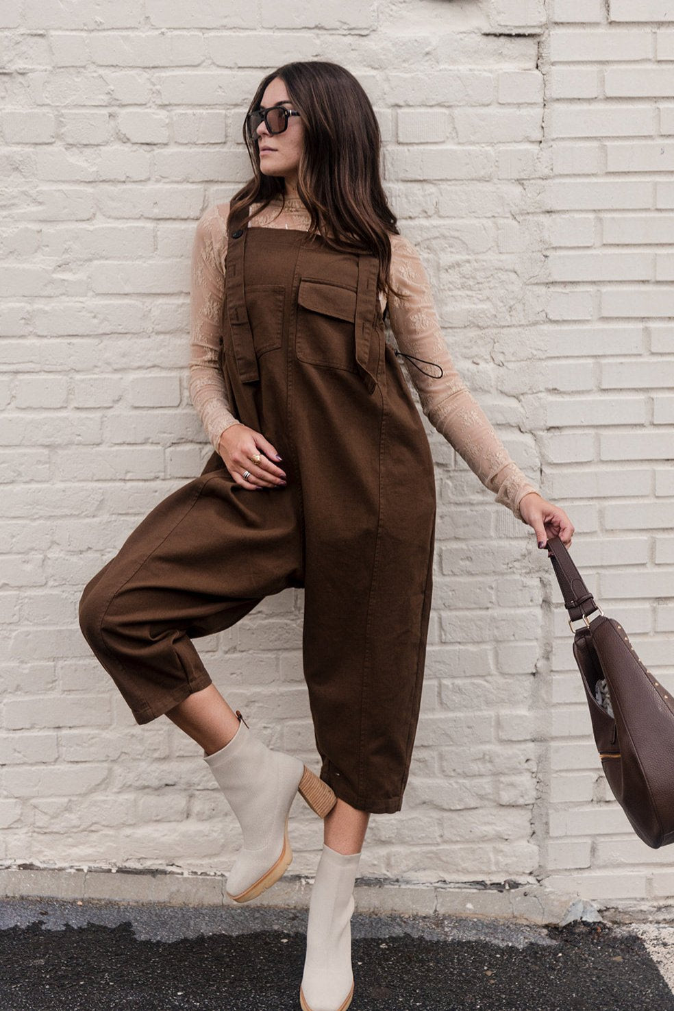 Bridget Denim Overall Jumpsuit - Brown - Full body front view