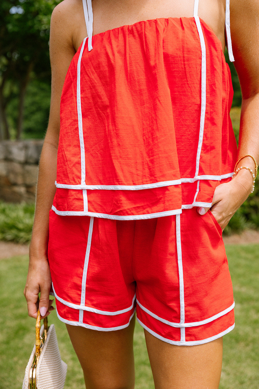 Kate Red & White Linen Sleeveless Romper- bottom view