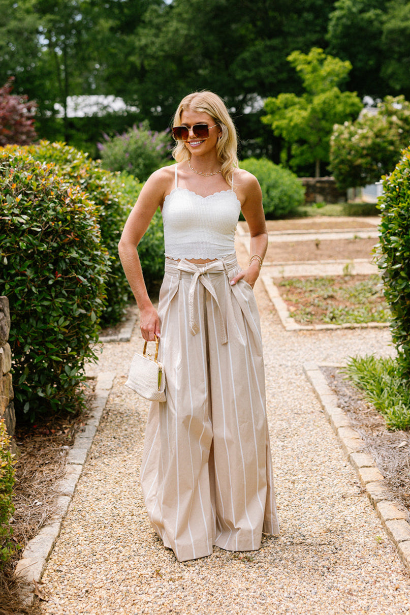 Elora Taupe & White Stripe Wide Leg Pants- full body view