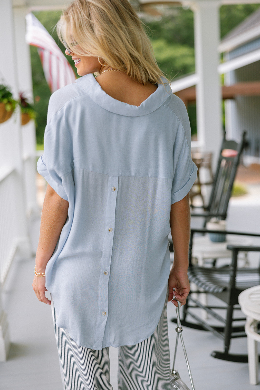 Mara Chambray Blue Short Sleeve Top- back view