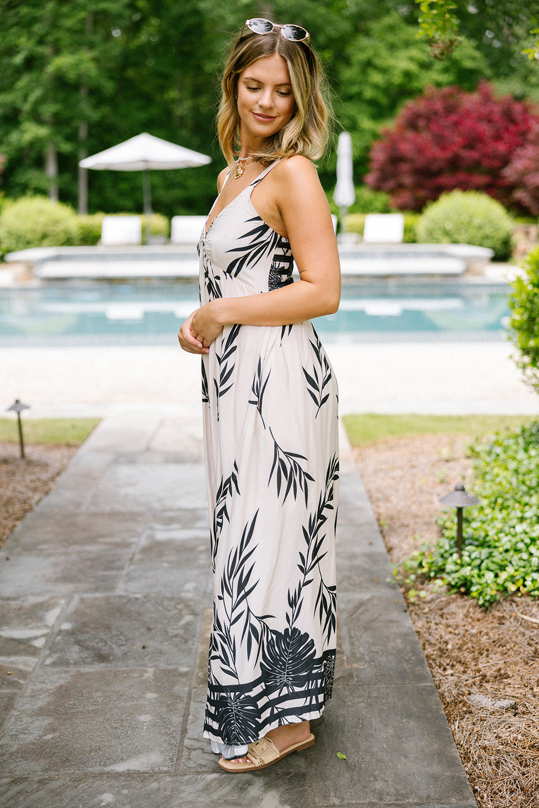 Rhea Black and Tan Palm Leaf Midi Dress- side view