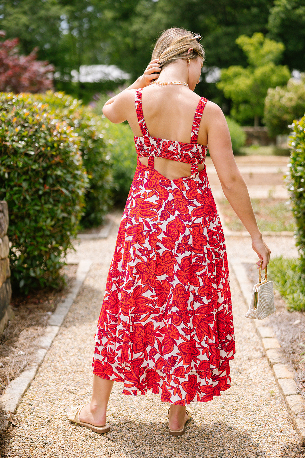 Chelsea Poppy Red & White Floral Midi Dress- back view