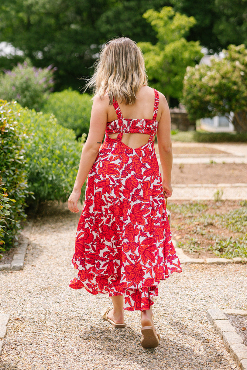 Chelsea Poppy Red & White Floral Midi Dress- full body back view