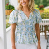Aviana Blue Multi Floral Scallop Top- top view
