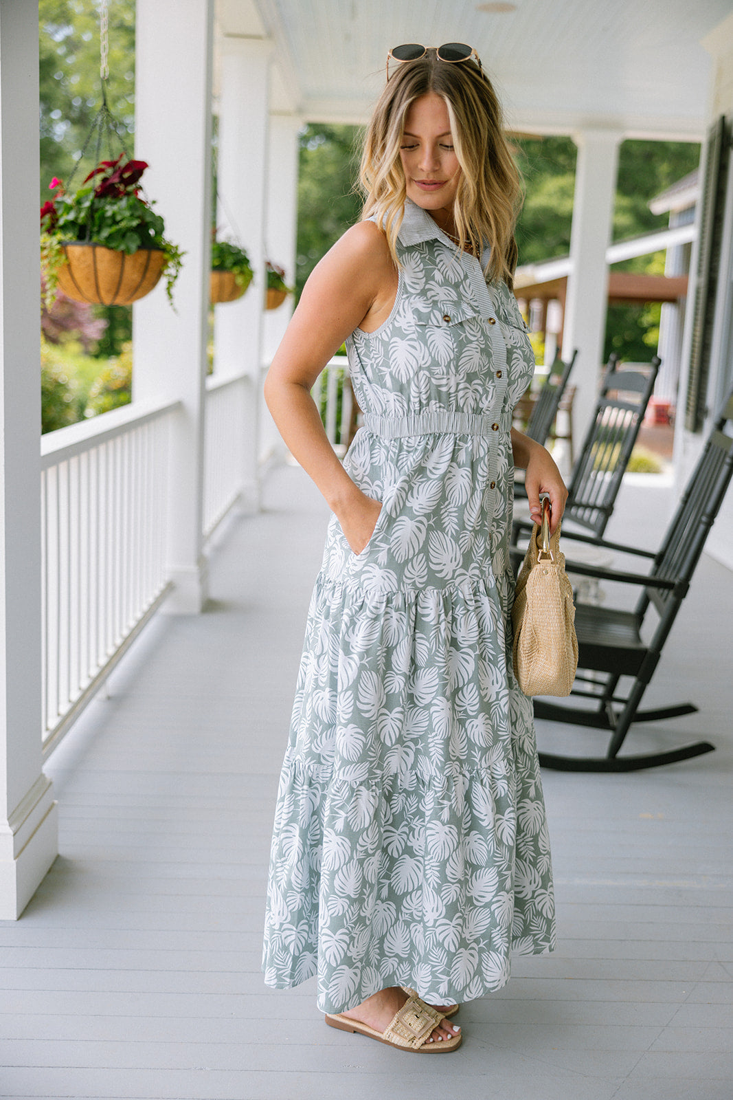 Juliana Blue Palm Print Tiered Midi Dress - full body side view