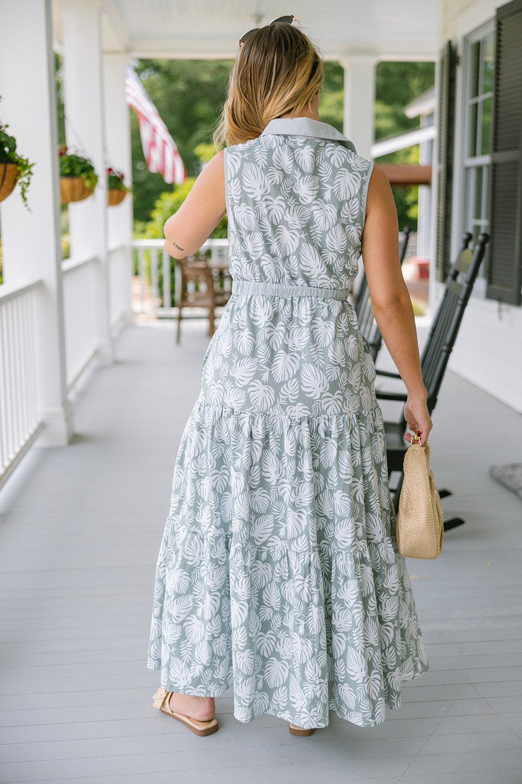 Juliana Blue Palm Print Tiered Midi Dress - full body back view