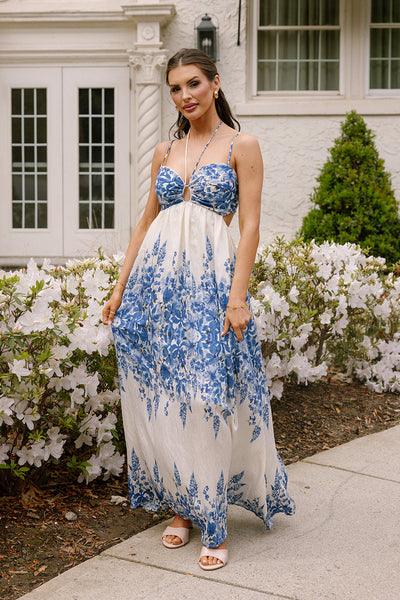 Willow Ivory & Blue Floral Midi Dress - Lizard Thicket