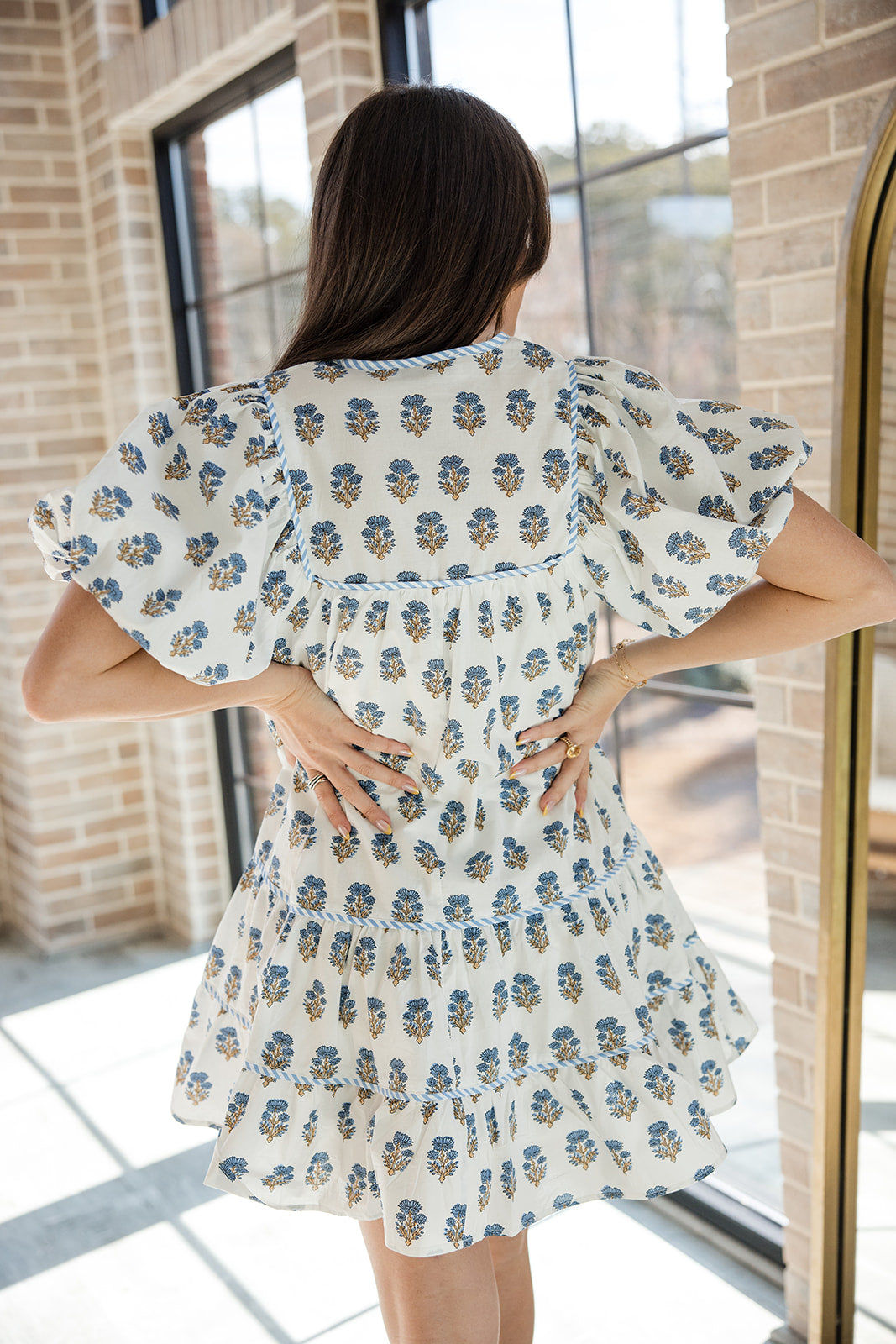 Ivy White & Blue Floral Mini Dress- back view