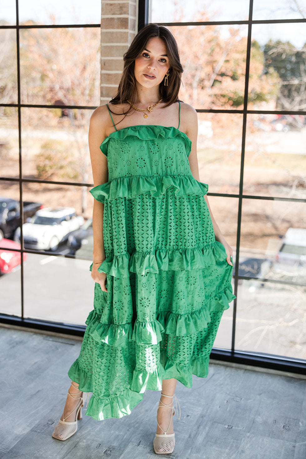 Maya Green Eyelet Tiered Ruffle Midi Dress- full body view