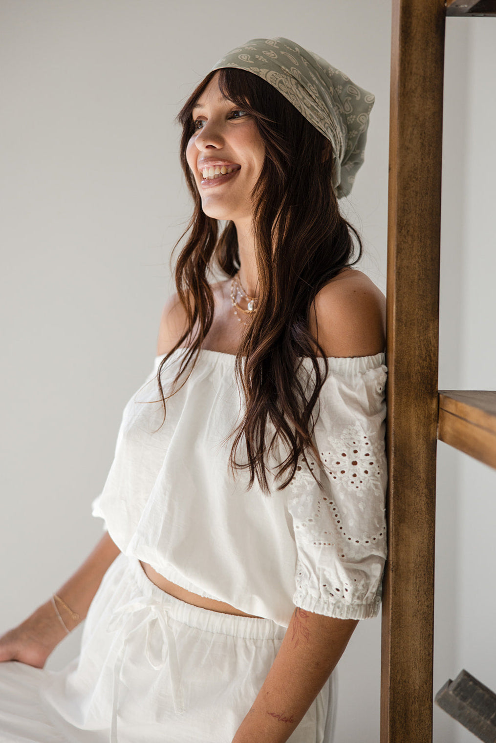 Leilani White Eyelet Off-The-Shoulder-Top- close up side view