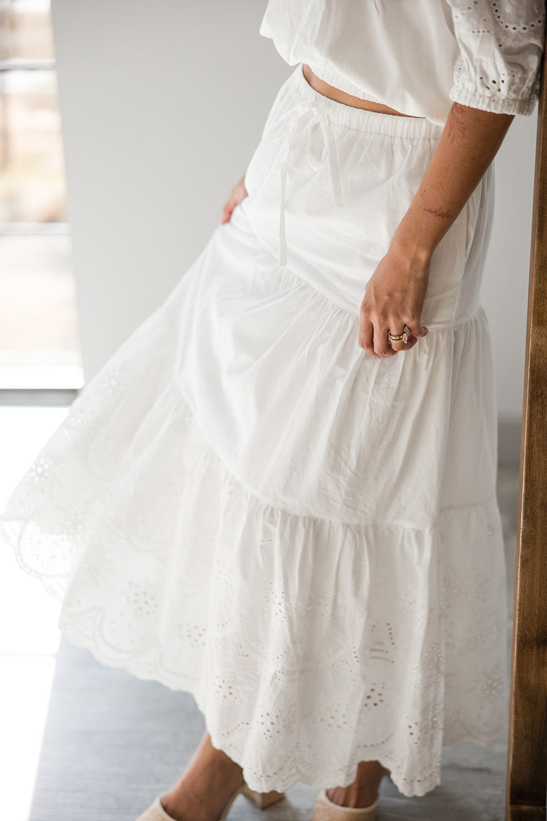 Leilani White Eyelet Midi Skirt- frontal side view