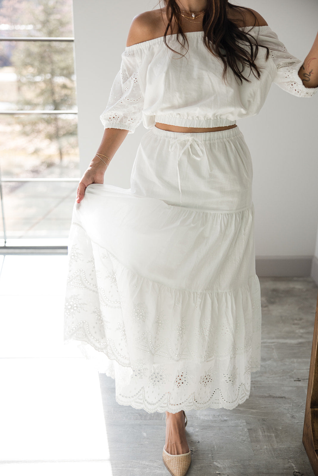 Leilani White Eyelet Midi Skirt- close up front view