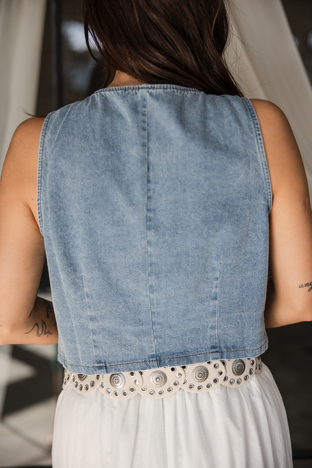 Addison Washed Denim Front Ties Vest- back view