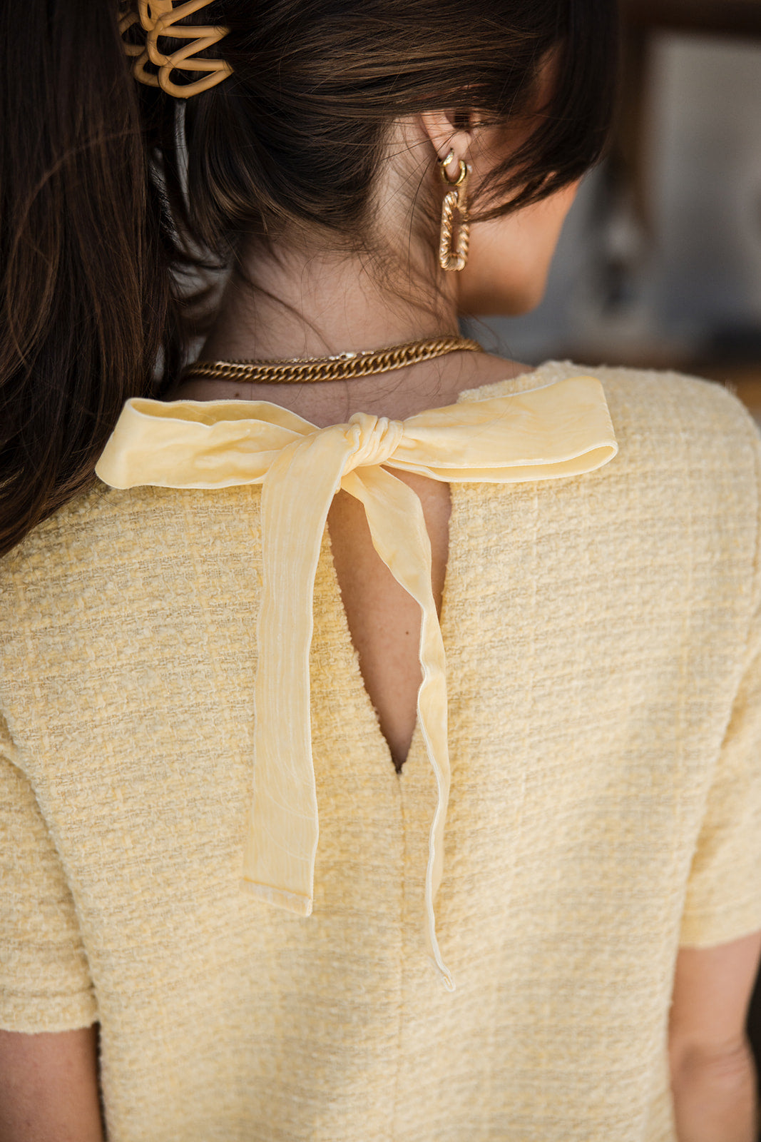 Maria Butter Yellow Tweed Bow Mini Dress- close up back view