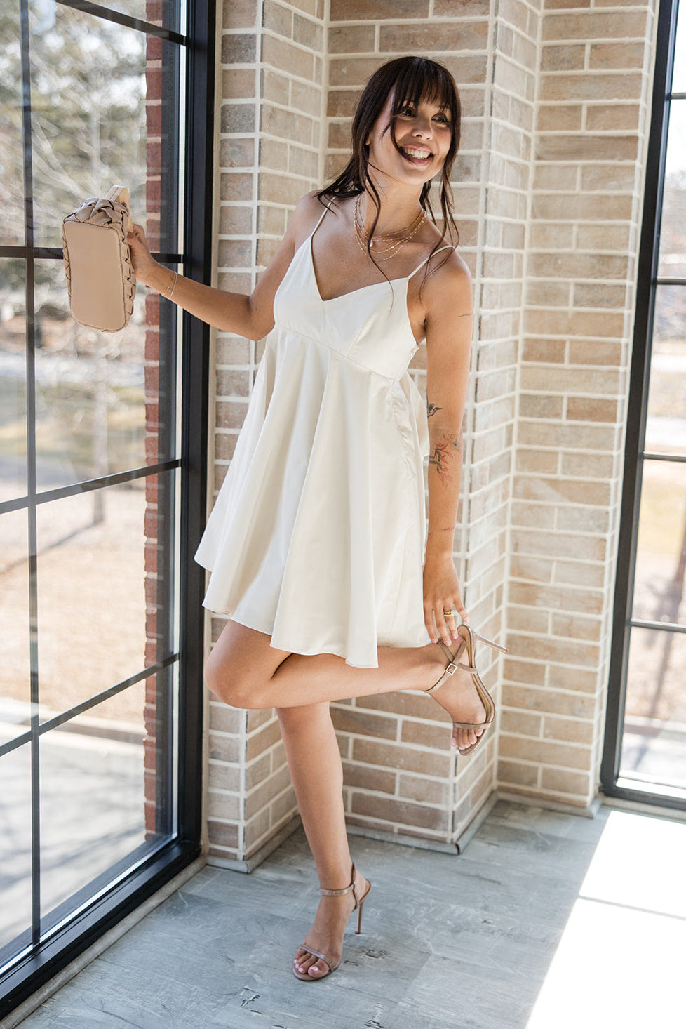 Lucia Cream Bow Flare Mini Dress- full right side body view