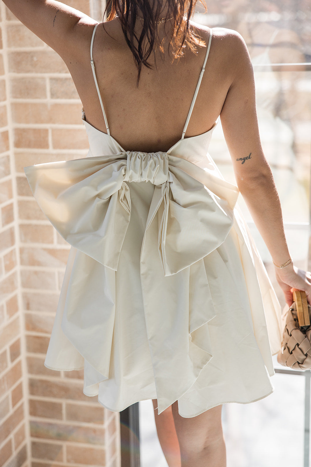 Lucia Cream Bow Flare Mini Dress-top back view