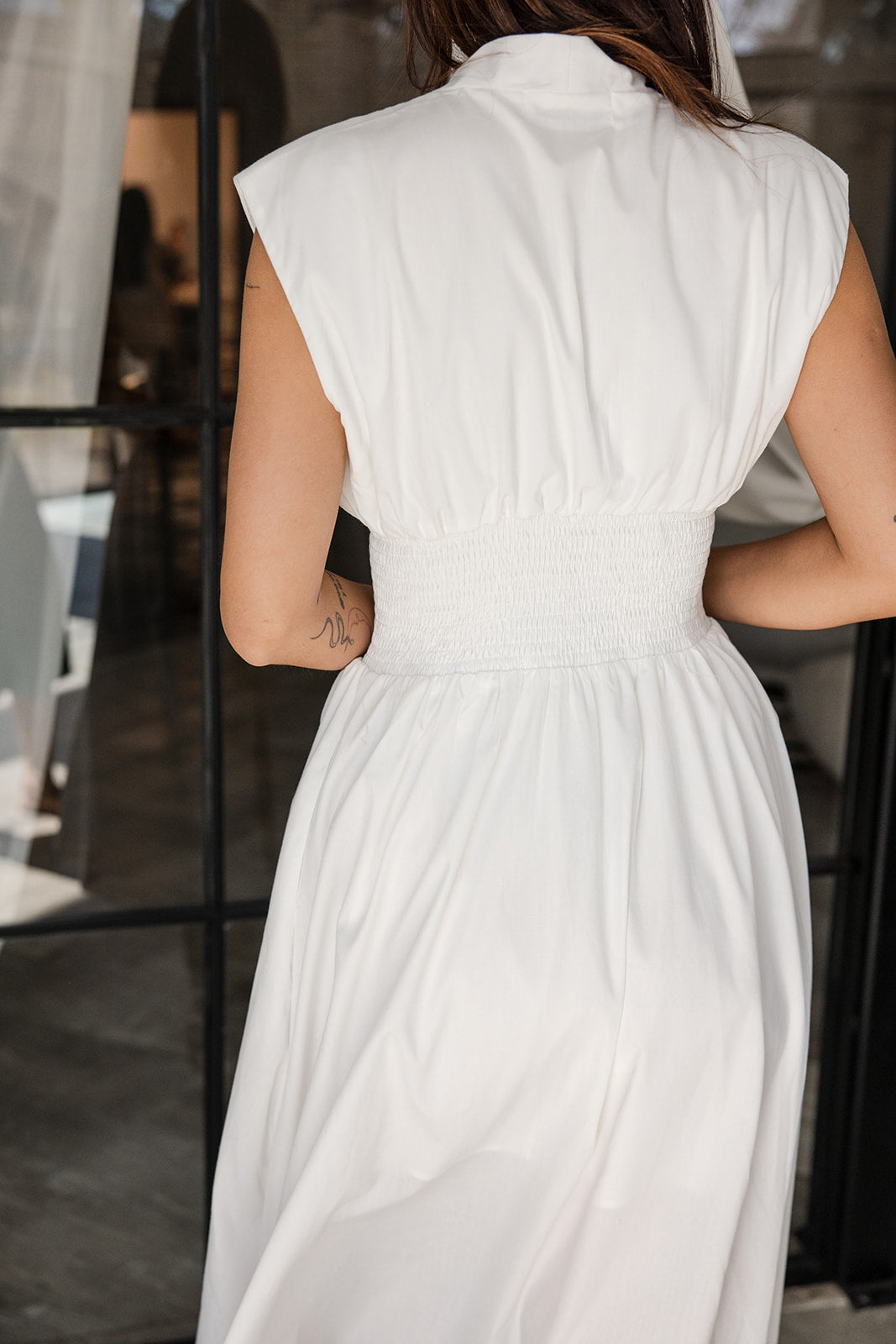 River White & Gold Zip-Up Midi Dress- close up top back view