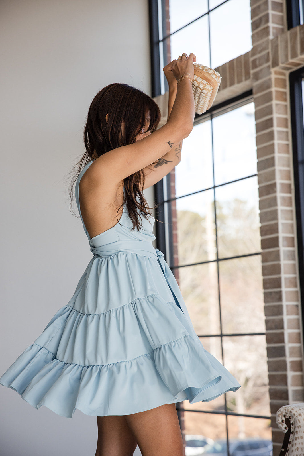 Jennifer Light Blue Tie Waist Tiered Mini Dress- close up side view