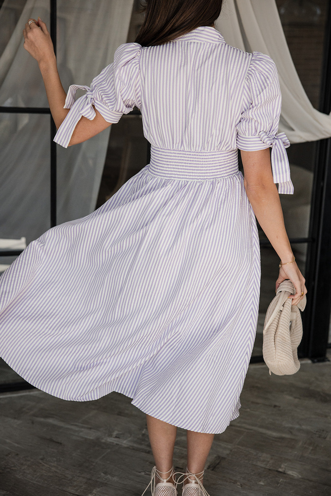 Callie Lavender & White Stripe Zip-Up Midi Dress- back view