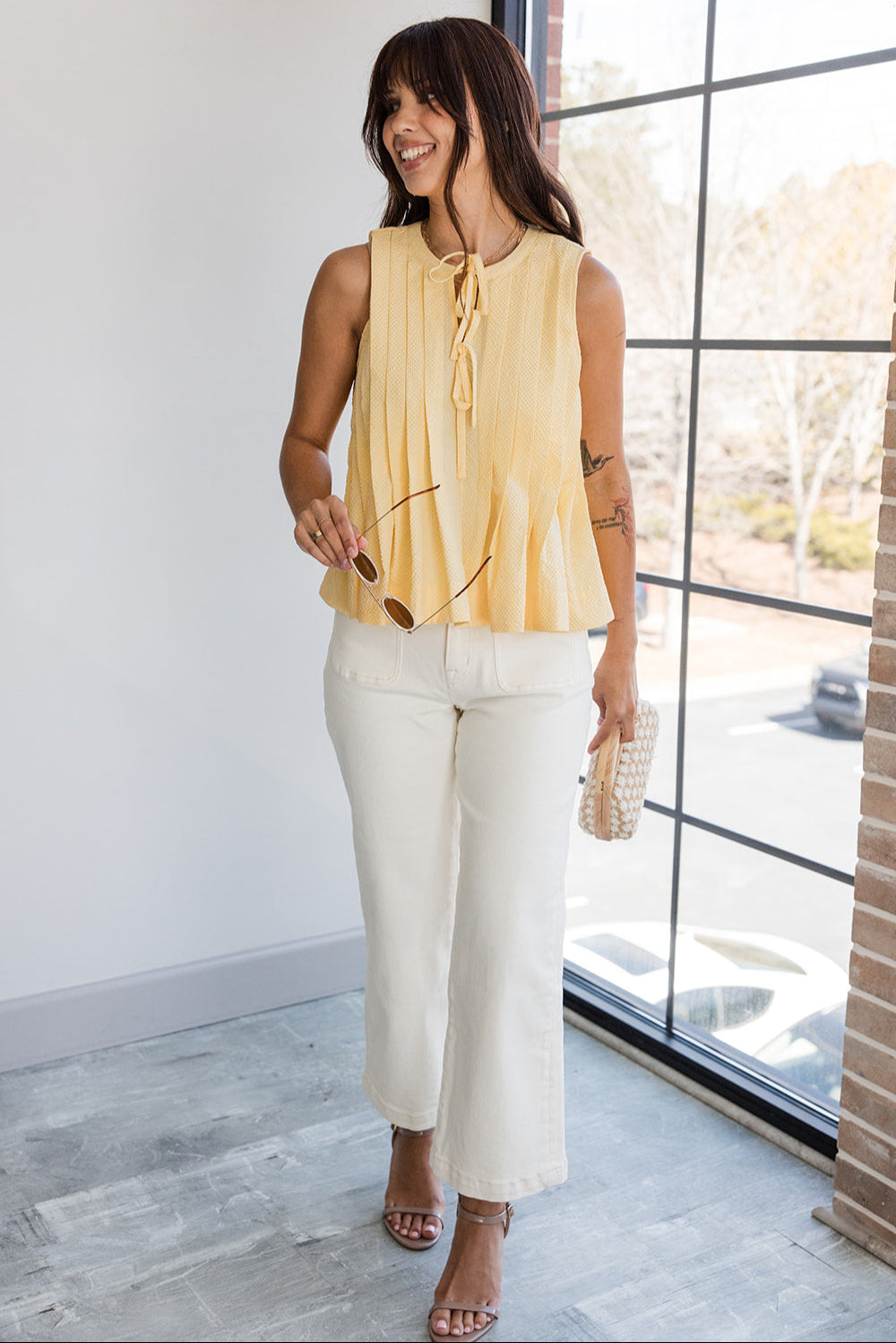 Arianna Yellow Pleated Flare Sleeveless Top- full body front view