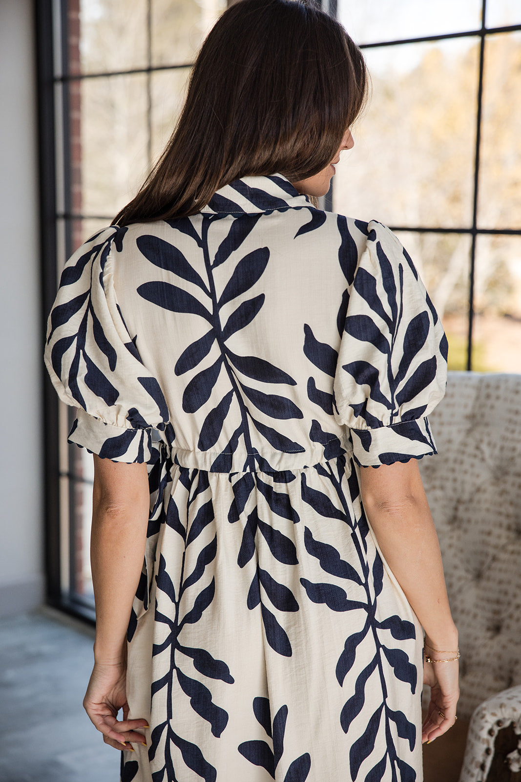 Harmony Navy & Cream Flare Midi Dress- close up back view